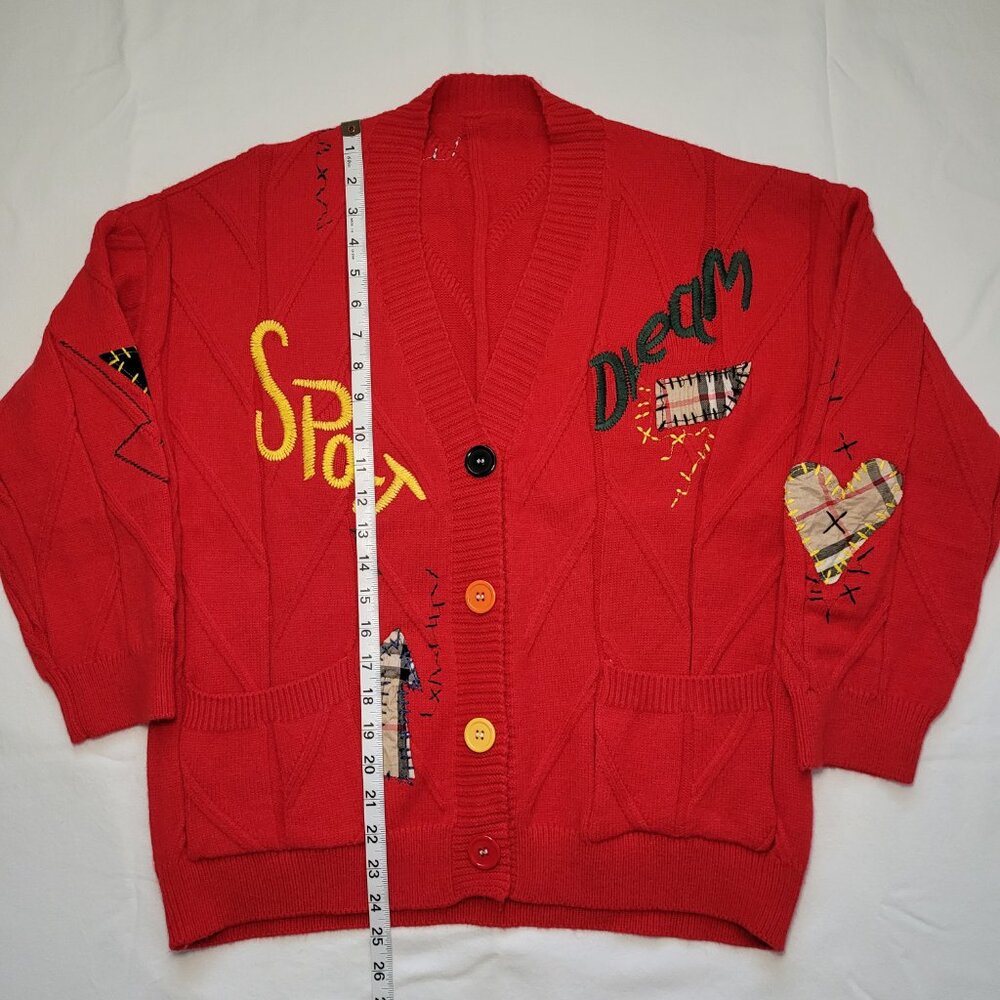 Ebossy Knit Cardigan Red Colorful Embroidery Patches Women Medium Streetwear Y2K - Picture 8 of 11